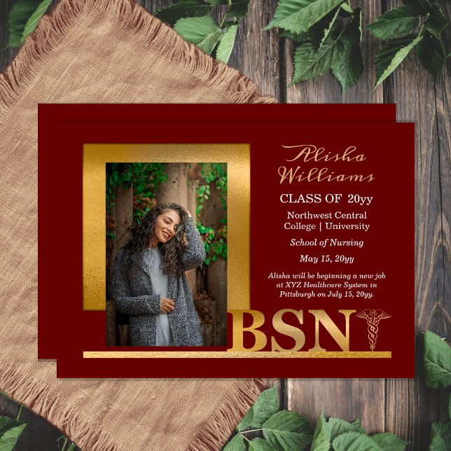 Faire-part Classé Elegant Or BSN Caduceus Photo Maroon (Classy Elegant Gold Tone BSN Caduceus Photo Maroon Announcement - Print and/or Digital Download)