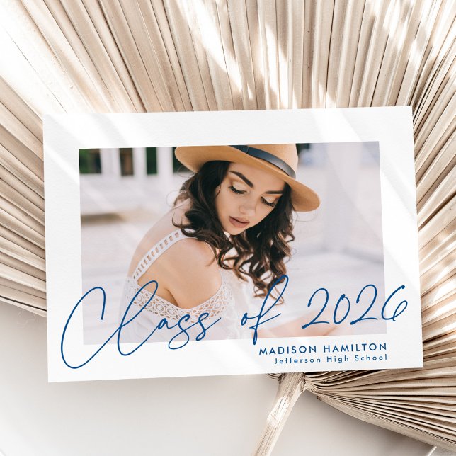 Faire-part Classe moderne de 2025 Blue Script Photo Graduatio (Créateur téléchargé)