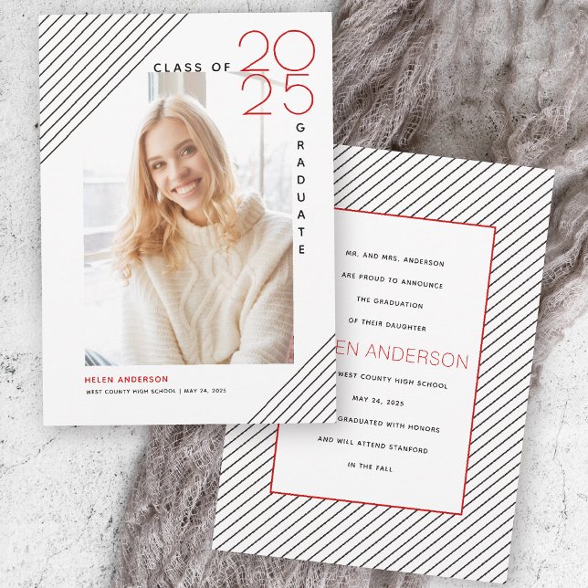 Faire-part Classe moderne de 2025 diplômé noir, photo rouge (Créateur téléchargé)