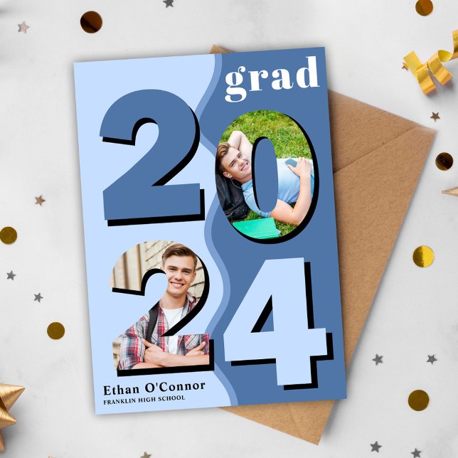 Faire-part Classe Moderne De Diplômés De 2024 Photo Graduatio (Modern Blue Wavy Class Of 2024 Photo Graduation Announcement)