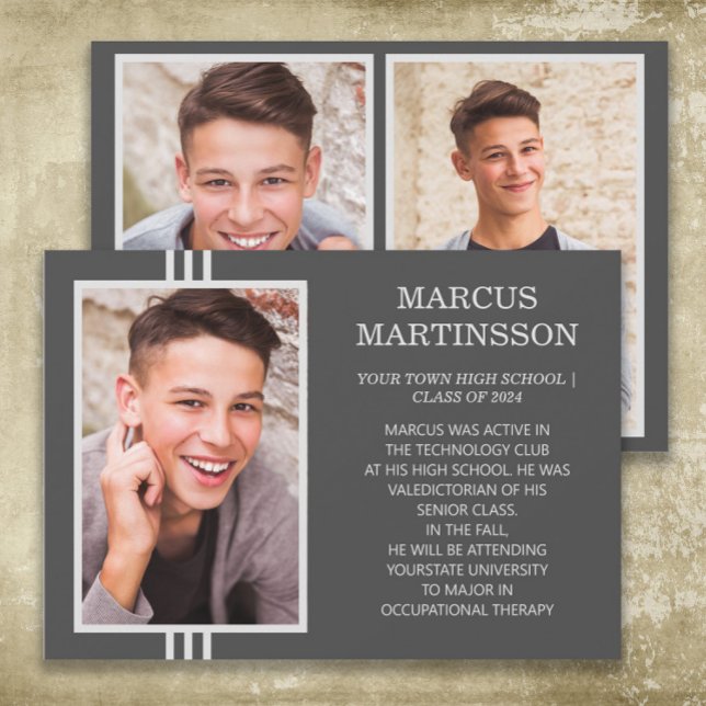 Faire-part Classe moderne de gris élégant de 2024 Graduation  (Brown 3-photo graduation announcement card for boys)