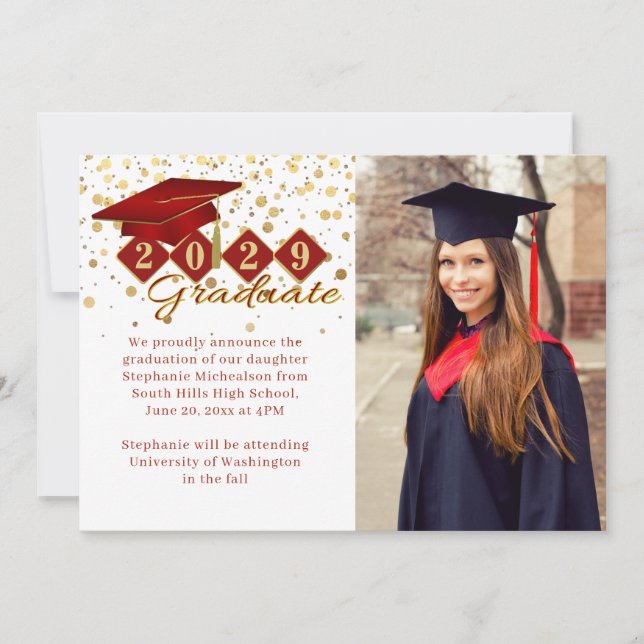 Faire-part Classic 2 Photo Graduation Rouge et Or (Devant)