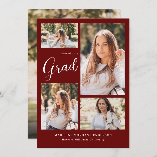 Faire-part Classique moderne 5 Photo Collage Bourgogne Diplôm (Devant / Derrière)