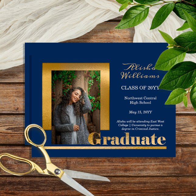 Faire-part Classy Elegant Gold Texte Gradué 1 Photo Bleu (Classy Elegant Gold Tone Text "Graduate" One Photo Blue Graduation Announcement - Print | Download)