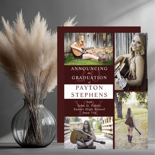 Faire-part Classy Modern Maroon Photo Graduation (Classy Modern Maroon Four Photo Collage High School Graduation Announcement - Print | Download)