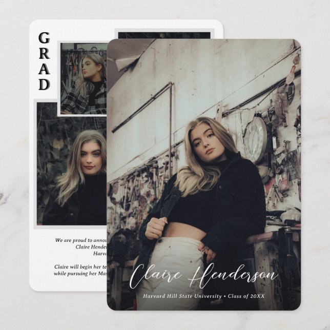 Faire-part Classy Script Overlay Photo Collage Graduation (Devant / Derrière)
