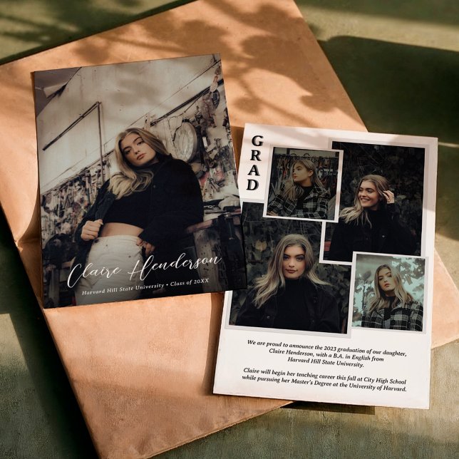 Faire-part Classy Script Overlay Photo Collage Graduation (Créateur téléchargé)
