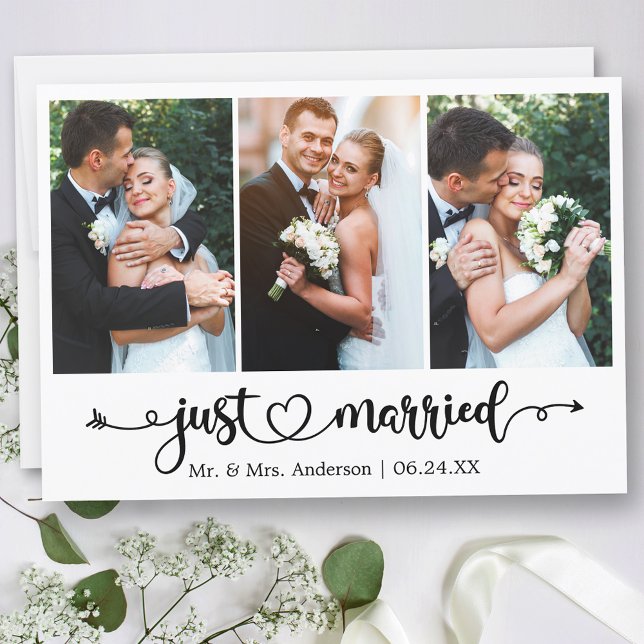 Faire-part Coeur de calligraphie juste marié 3 Mariage photo (Customize to change your personalized text size, text style or to add text to back of card.)
