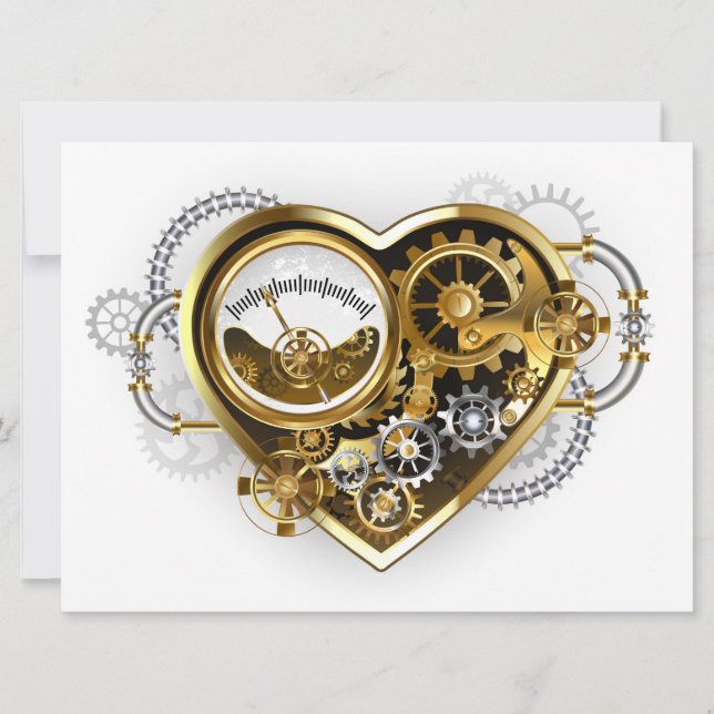 Faire-part Cœur Steampunk avec un Manomètre (Devant)