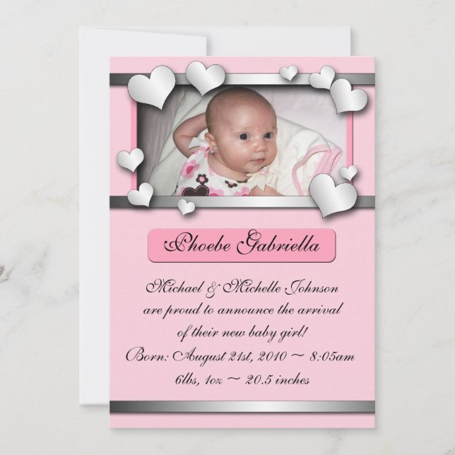 Faire-part Coeurs de lin argenté Annonces de naissance rose (Devant)