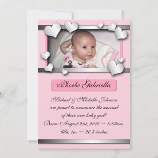 Faire-part Coeurs de lin argenté Annonces de naissance rose