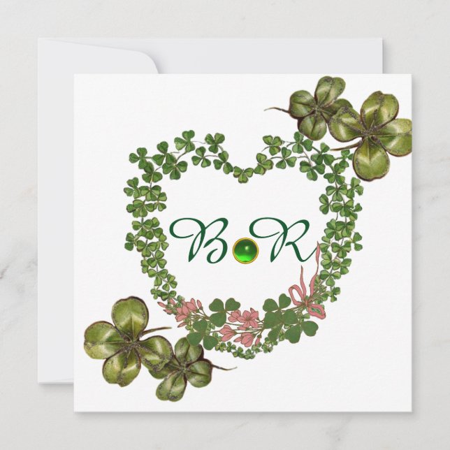 FAIRE-PART COEURS SHAMROCKS VERTS AVEC FLEURS ROSES MONOGRAMM (Devant)