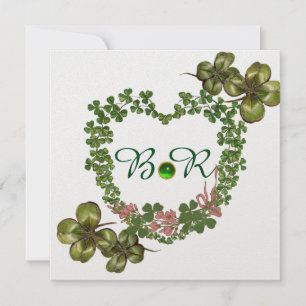 FAIRE-PART COEURS SHAMROCKS VERTS AVEC FLEURS ROSES MONOGRAMM