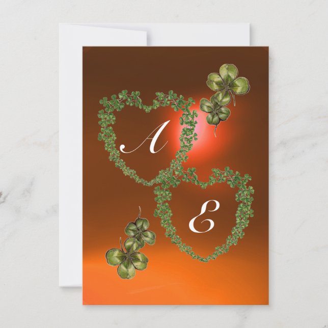 Faire-part COEURS SHAMROCKS VERTS MONOGRAMME blanc, orange (Devant)