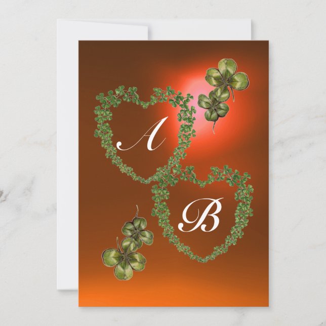 Faire-part COEURS SHAMROCKS VERTS MONOGRAMME orange vert (Devant)