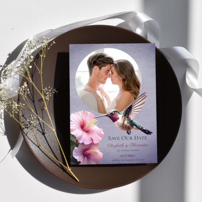 Faire-part Colibri et Hibiscus Photo Enregistrer la date Viol (Purple Hummingbird Hibiscus Photo Save the Date)