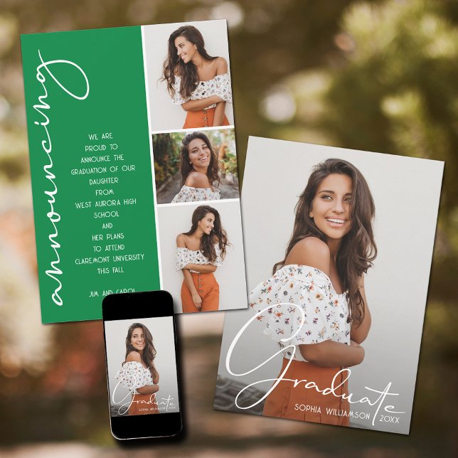 Faire-part Collage de 4 photos de remise de diplôme vert (Green graduation photo announcements)