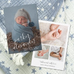 Faire-part Collage de photos de bébé moderne naissance<br><div class="desc">Des faire-part de naissance verticaux élégamment doux présentent votre photo de nouveau-né préférée en pleine page,  avec le nom du bébé en écriture blanche penchée et les informations de naissance sur le devant avec 3 photos et vos noms au dos. Articles CORRESPONDANTS dans notre boutique.</div>