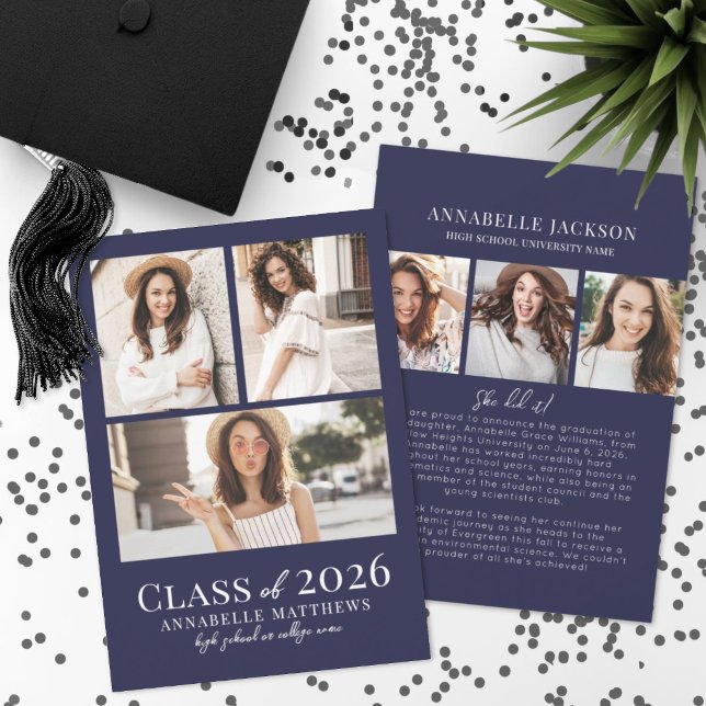 Faire-part Collage de photos de graduation bleu marine (Navy Blue Photo Collage Graduation Announcement )