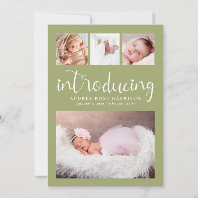 Faire-part Collage de photos de naissance vert sauge Moderne  (Devant)