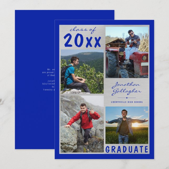 Faire-part Collage de photos de remise de diplôme Nom Bleu Ar (Devant / Derrière)