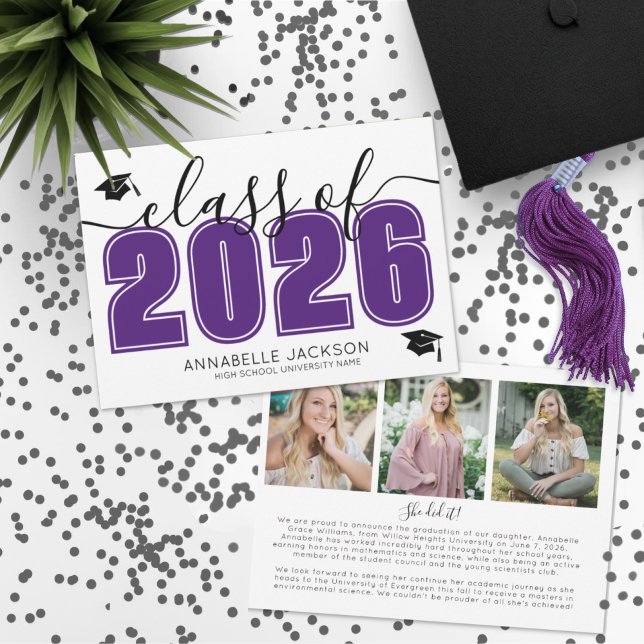 Faire-part Collage de photos de remise de diplômes violet (Photo Collage Purple Graduation Announcement)