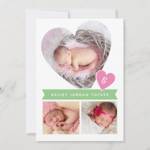 Faire-part Collage de photos du coeur Pink Green Baby Girl Bi