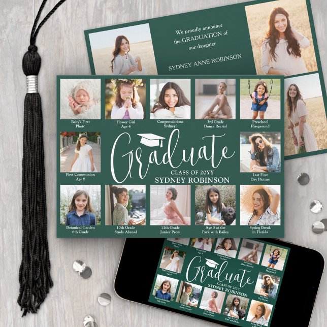 Faire-part Collage de photos et légendes Vert foncé Graduatio (Créateur téléchargé)