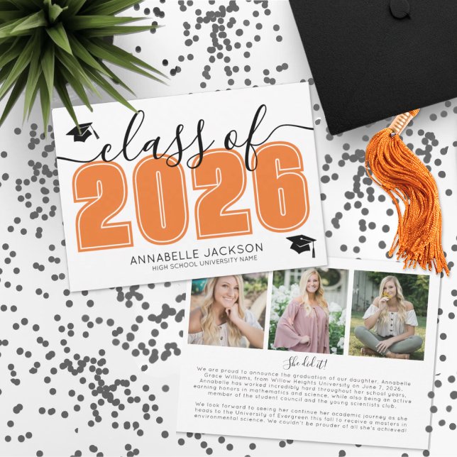 Faire-part Collage de photos orange de remise de diplôme (Simple Graduate Photo Collage Orange Graduation Announcement )