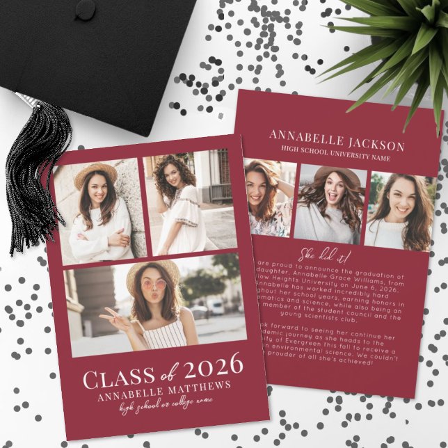 Faire-part Collage de photos rouge de remise de diplômes (Red Photo Collage Graduation Announcement)