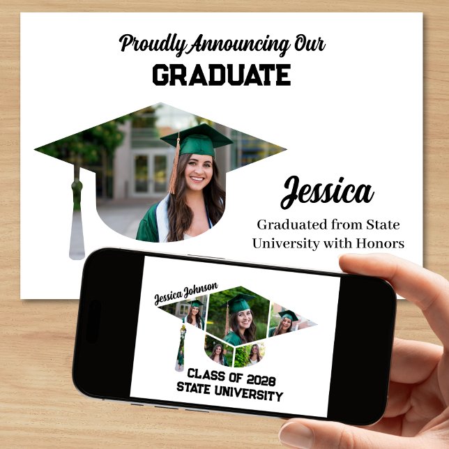 Faire-part Collage photo de forme de casquette de graduation  (Fun Graduation Announcement with Photos in a Graduation Cap Shape Photo Collage)