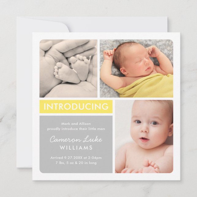 Faire-part Collage photo en blocs de couleur jaune Naissance  (Devant)