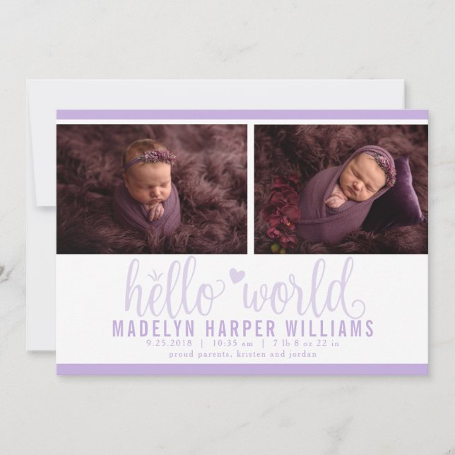 Faire-part Collage photo Hello World lavande violet moderne (Devant)
