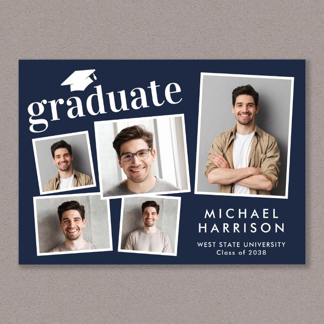 Faire-part Collage photo moderne Bleu Graduation (Cherish the milestone: share your graduate's achievement with a custom photo graduation announcement)