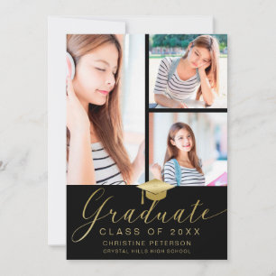 Faire-part Collage photo moderne Gold Script Black Graduation