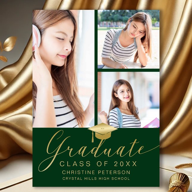 Faire-part Collage photo moderne Gold Script Green Graduation (Modern Photo Collage Green and Gold Graduation Announcement)