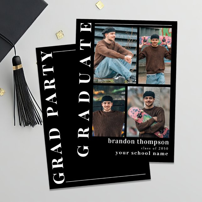 Faire-part Collage photo moderne noir et blanc Graduation (Black and white photo collage template invitation. )