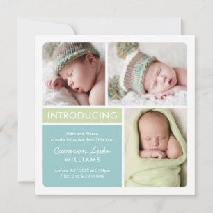 Faire-part Colorblock Photo Collage Aqua Green Baby Boy Birth