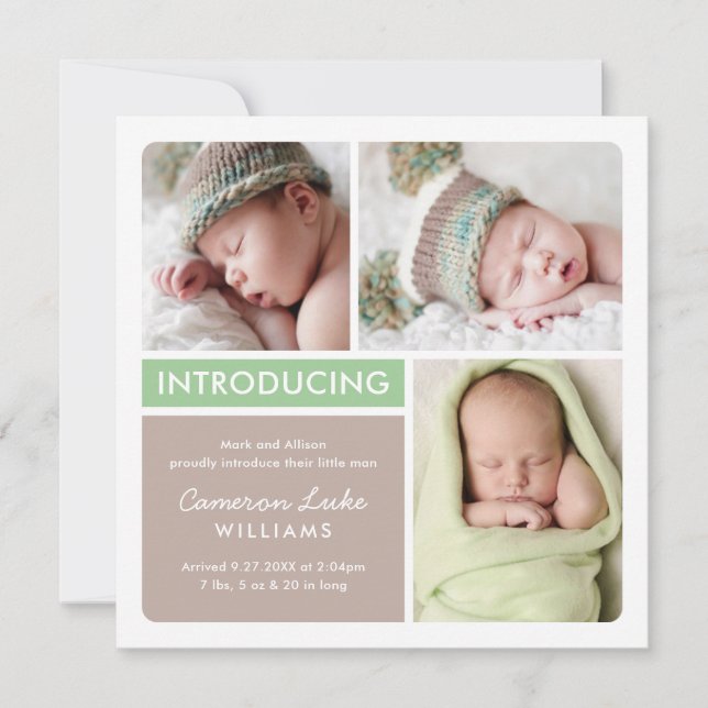 Faire-part Colorblock Photo Collage Green Baby Boy Birth (Devant)