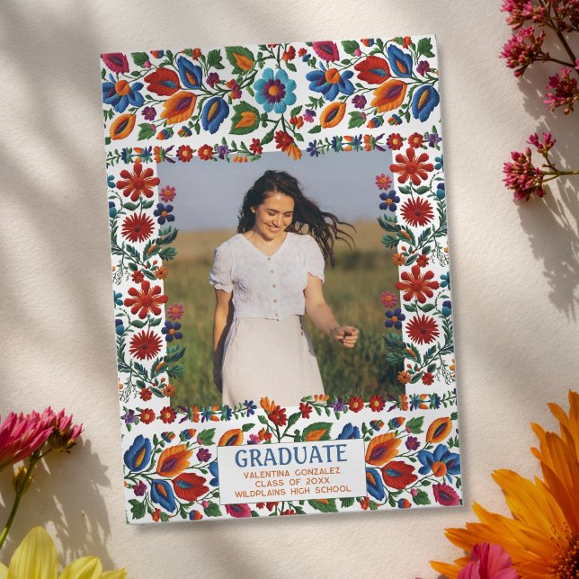 Faire-part Colorful Floral Fiesta Embroidery Photo Graduation (Créateur téléchargé)