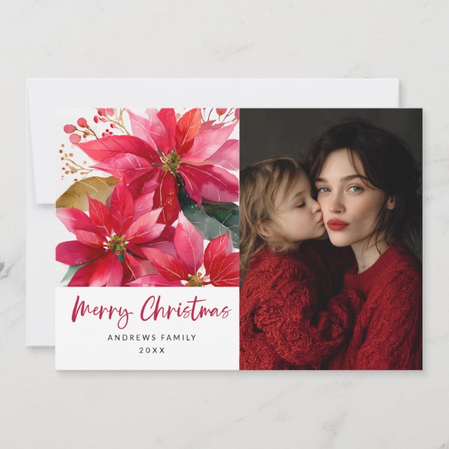 Faire-part Conception de poinsettia de Noël à l'aquarelle (Devant)