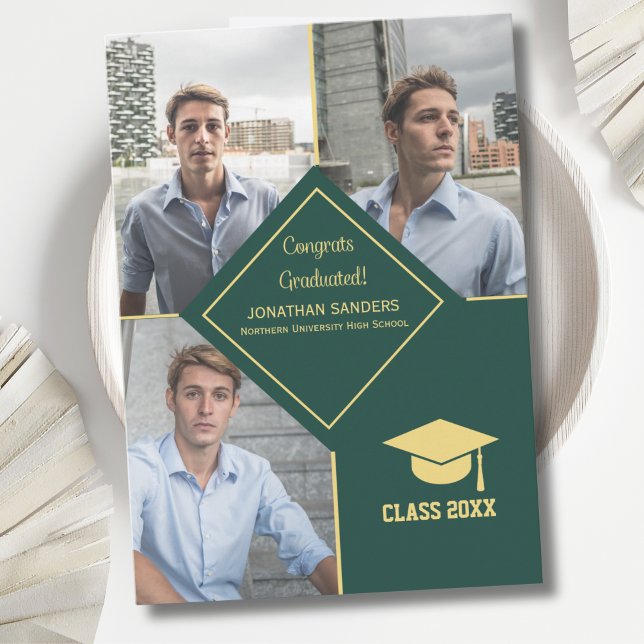 Faire-part Congrats Graduated Collage 3 Photos for Him Green (Créateur téléchargé)