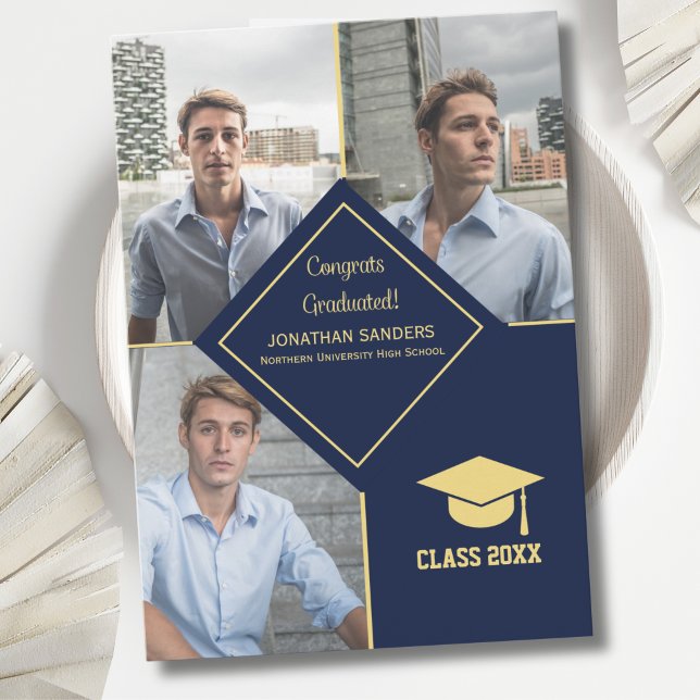 Faire-part Congrats Graduated Collage 3 Photos for Him Navy (Créateur téléchargé)