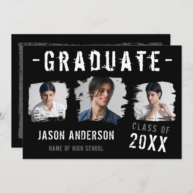 Faire-part Cool Grunge Black 3 Photo Graduation (Devant / Derrière)