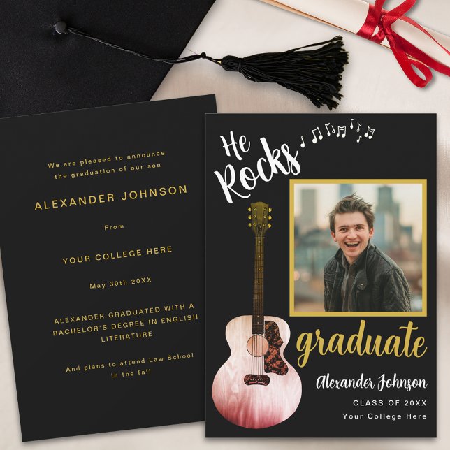 Faire-part Cool He Rocks Graduate Photo Modern Black Gold (Cool black and gold graduation announcement card with graduate photo and rustic country guitar)