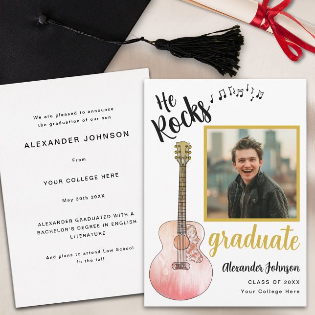 Faire-part Cool He Rocks Graduate Photo Modern Gold (Cool rustic guitar graduate photo graduation announcement card country music )