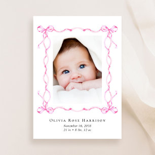 Faire-part Coquette Rose Bows Aquarelle Photo Fille Naissance