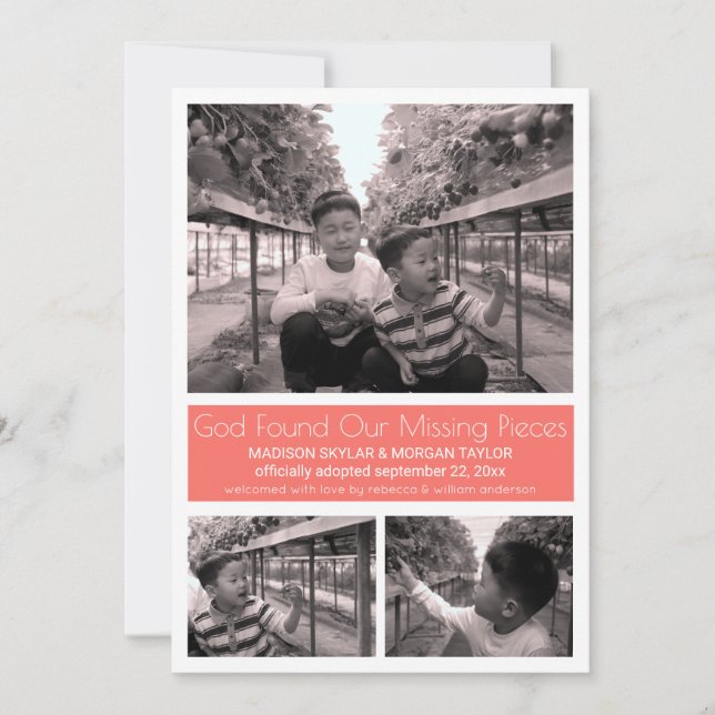 Faire-part Coral Moderne Minimaliste Adoption Enfant 3 Photo (Devant)