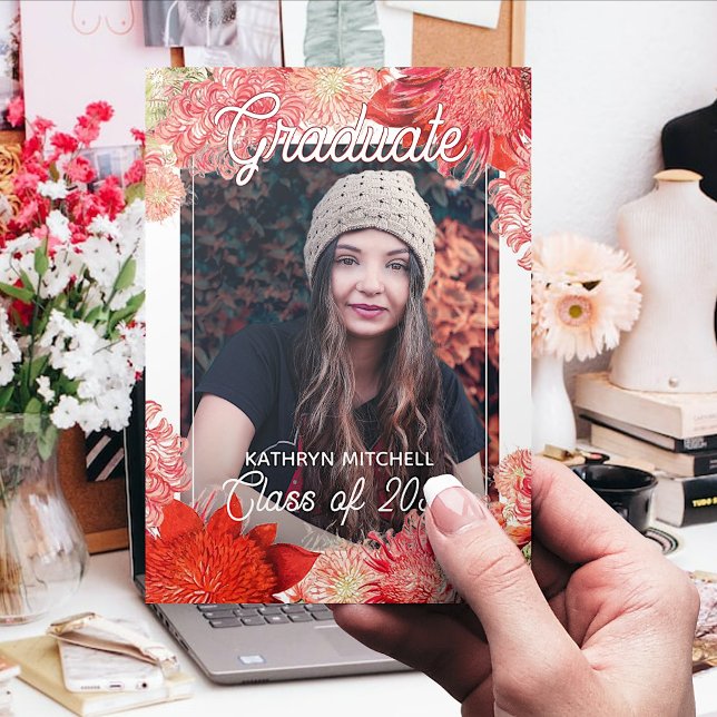 Faire-part Coral Rouge rose Botanique Boho Floral Graduation (Créateur téléchargé)