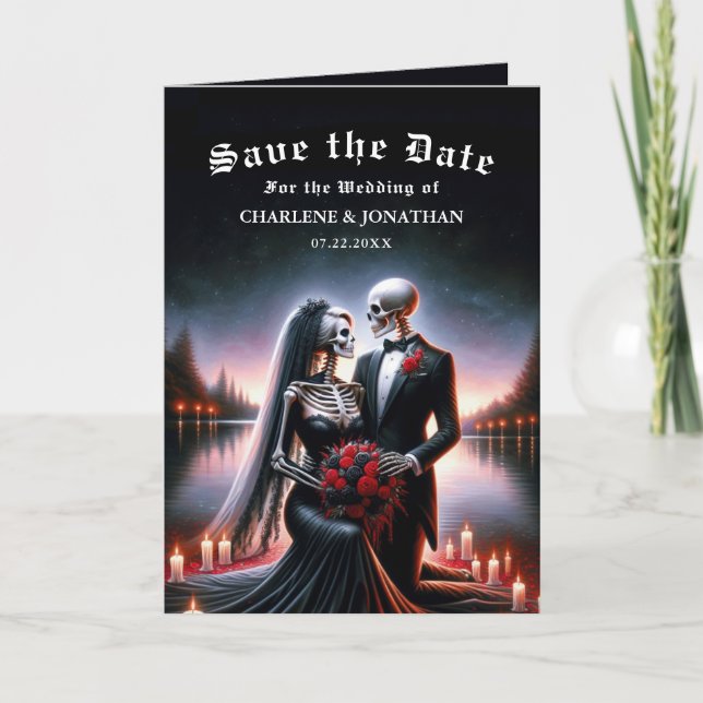 Faire-part Couple de squelettes gothiques Navy Save the Date (Devant)